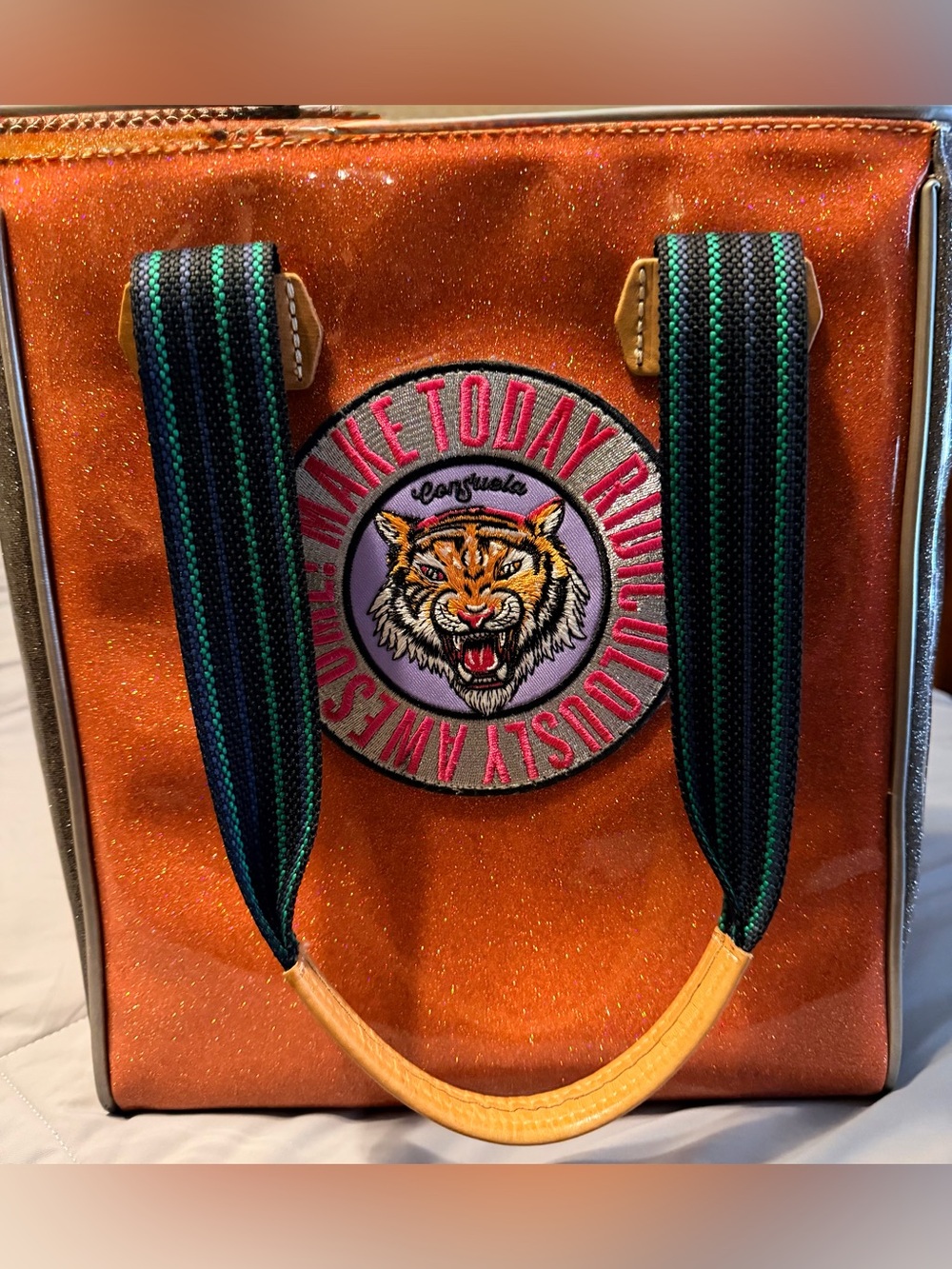 Consuela ✨Limited Edition✨ Orange Glitter Tote Bag with Tiger Patch